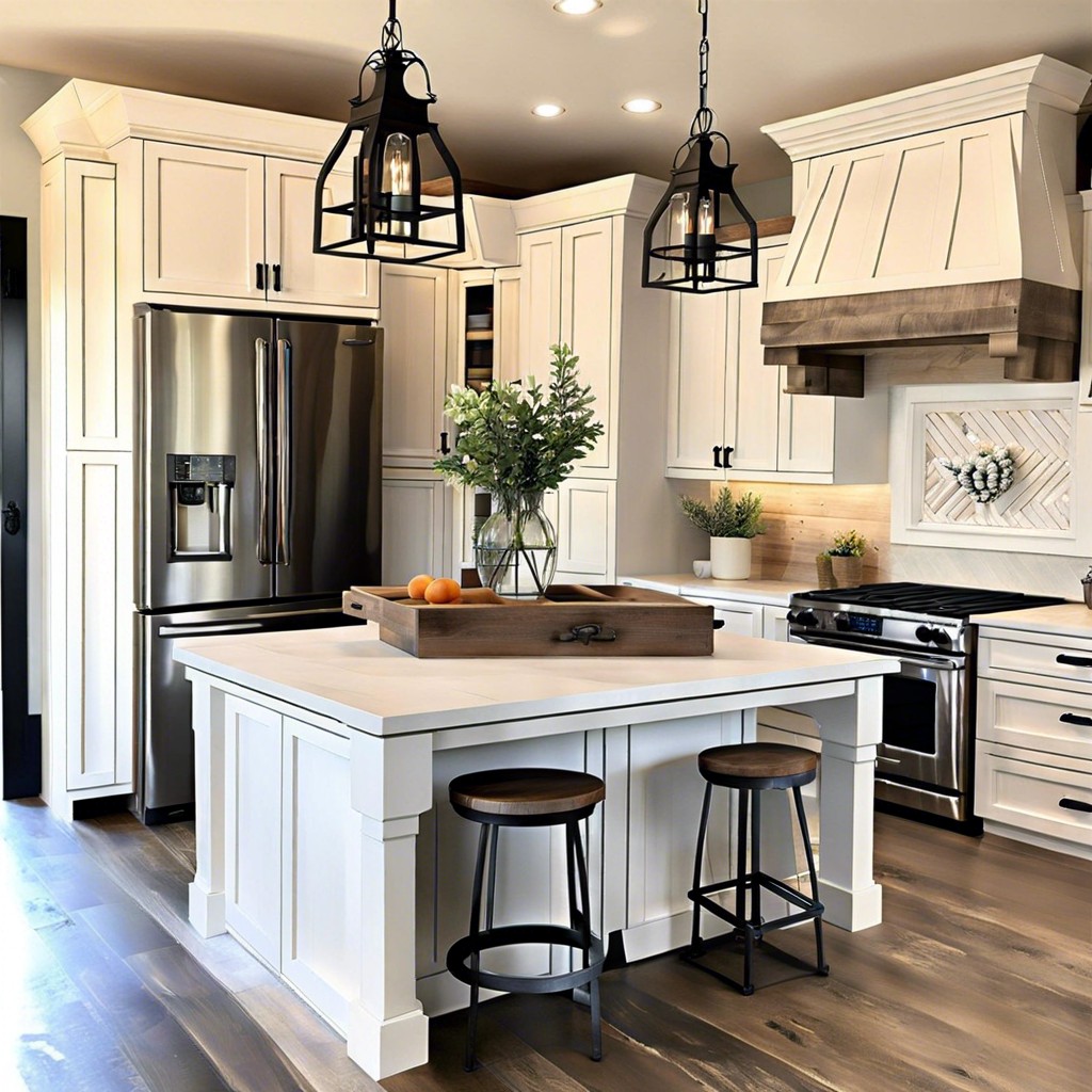 whitewashed cabinets with dark iron hardware