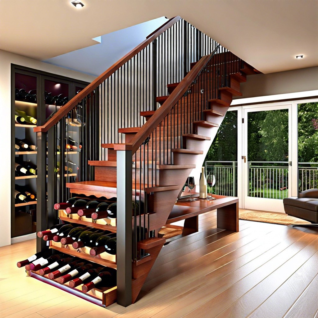 wine rack in open staircase railing