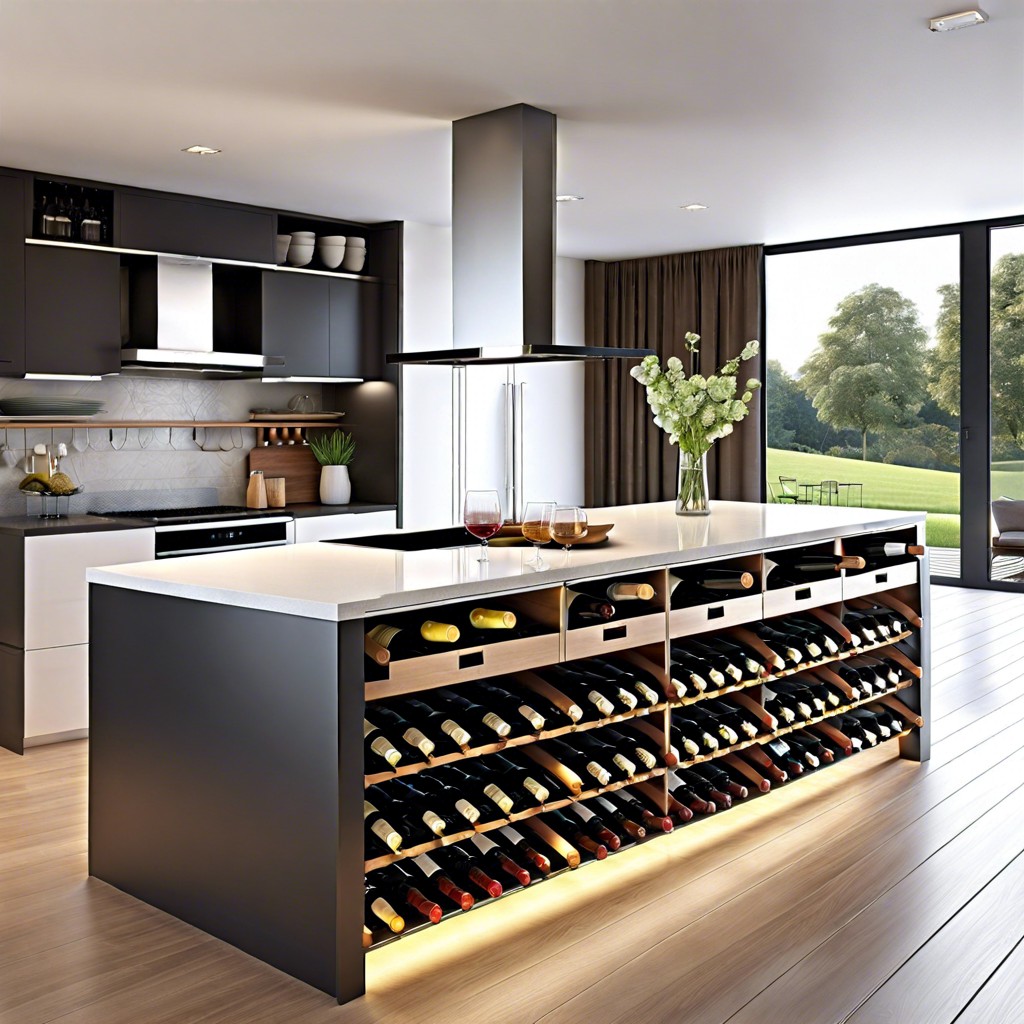 wine rack integrated into a kitchen island