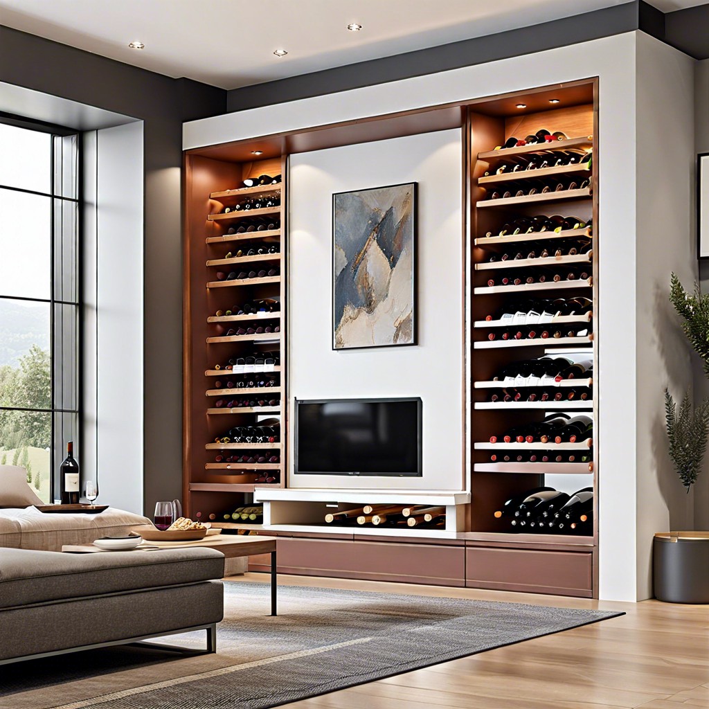 wine rack within living room wall niche