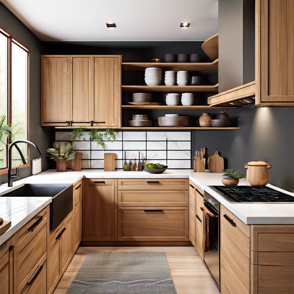 zen inspired with balanced symmetrical wood cabinets