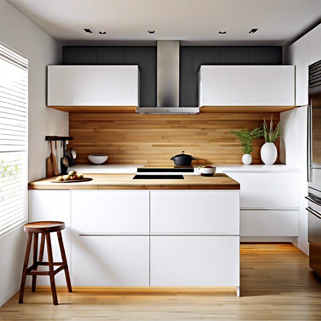 zen minimalism white flat front cabinets with a bamboo butcher block