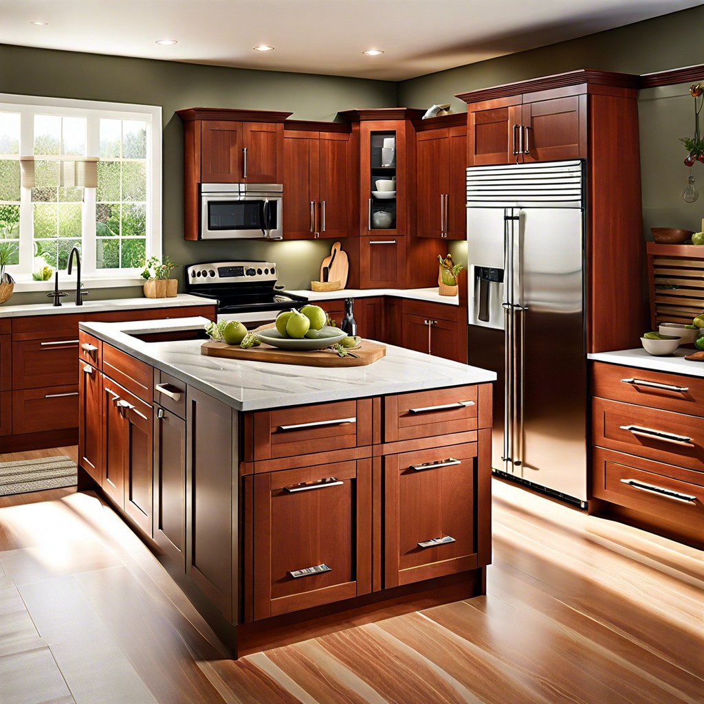 zen retreat horizontal grain cherry cabinets with bamboo flooring and tranquil green walls