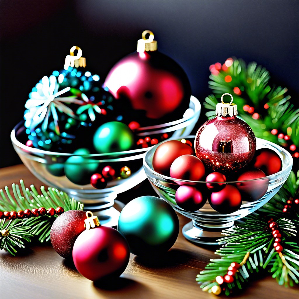 arrange ornaments in glass bowls