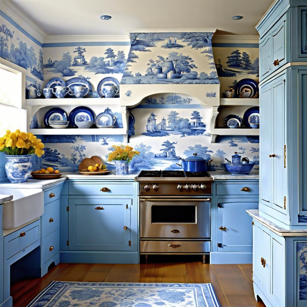blue and white toile wallpaper