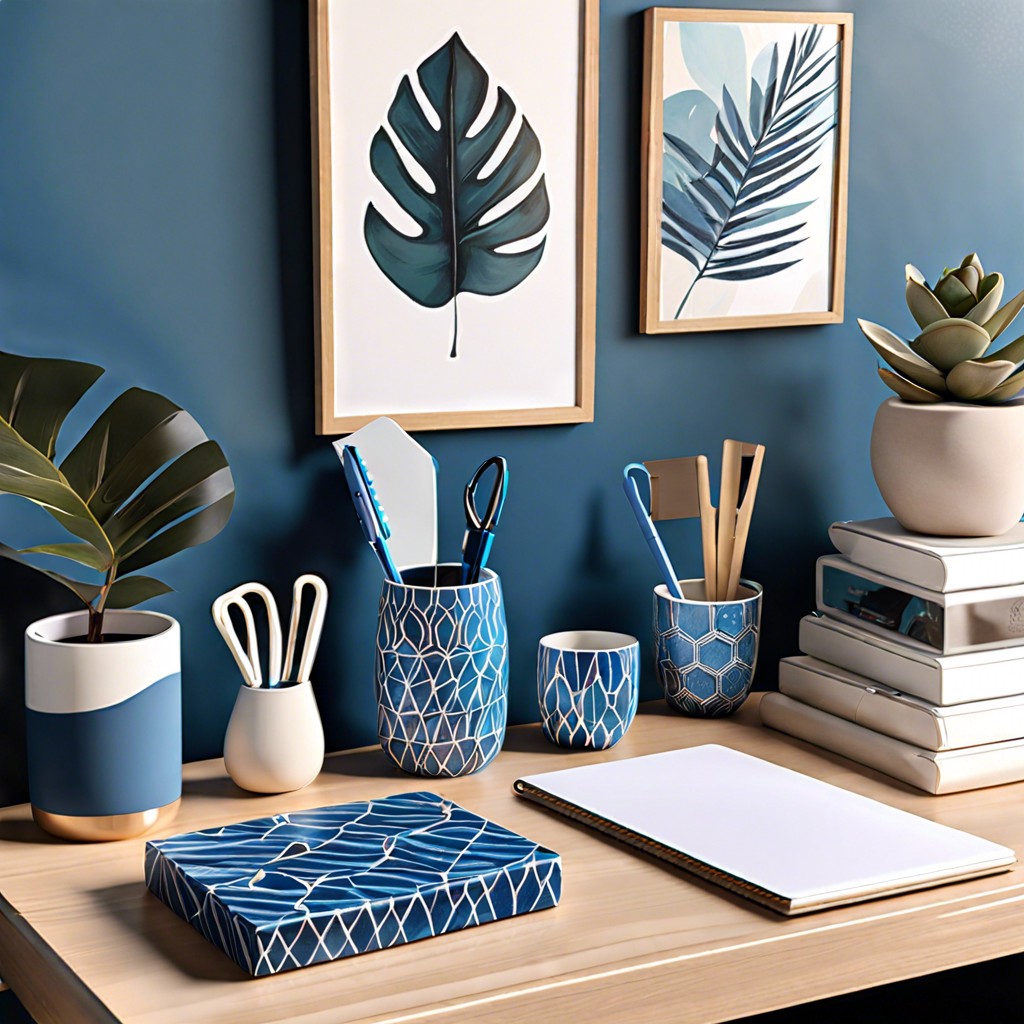 blue patterned desk accessories