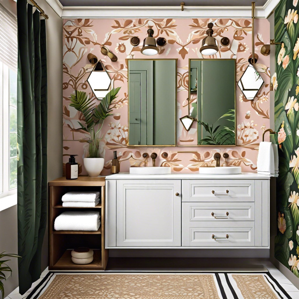 cabinets with patterned wallpaper backs