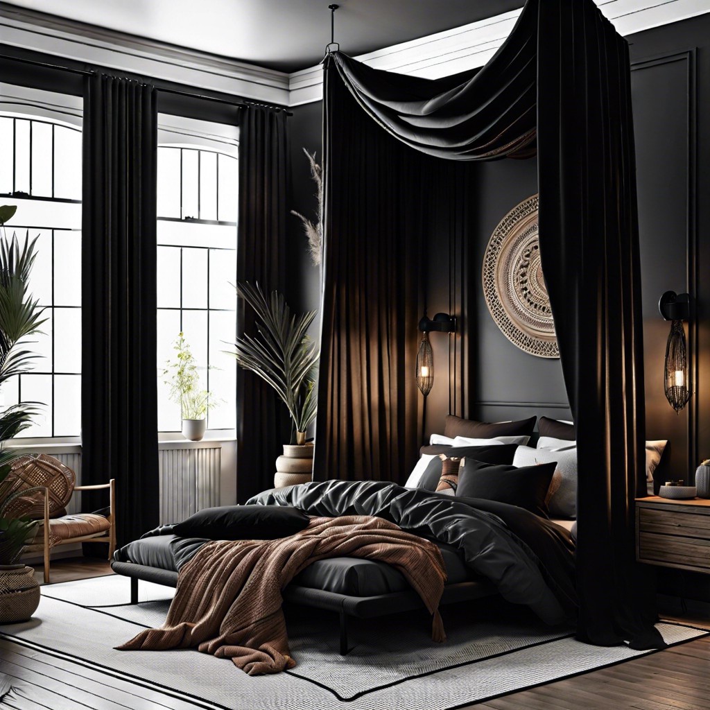 canopy bed with sheer black curtains