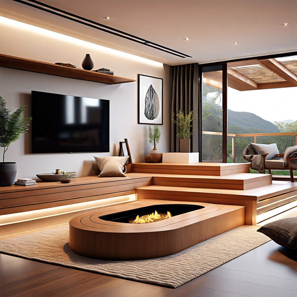 conversation pit with steps leading down to seating area