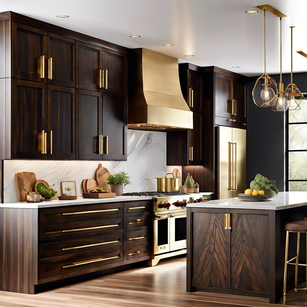 dark stained hickory cabinets with brass hardware