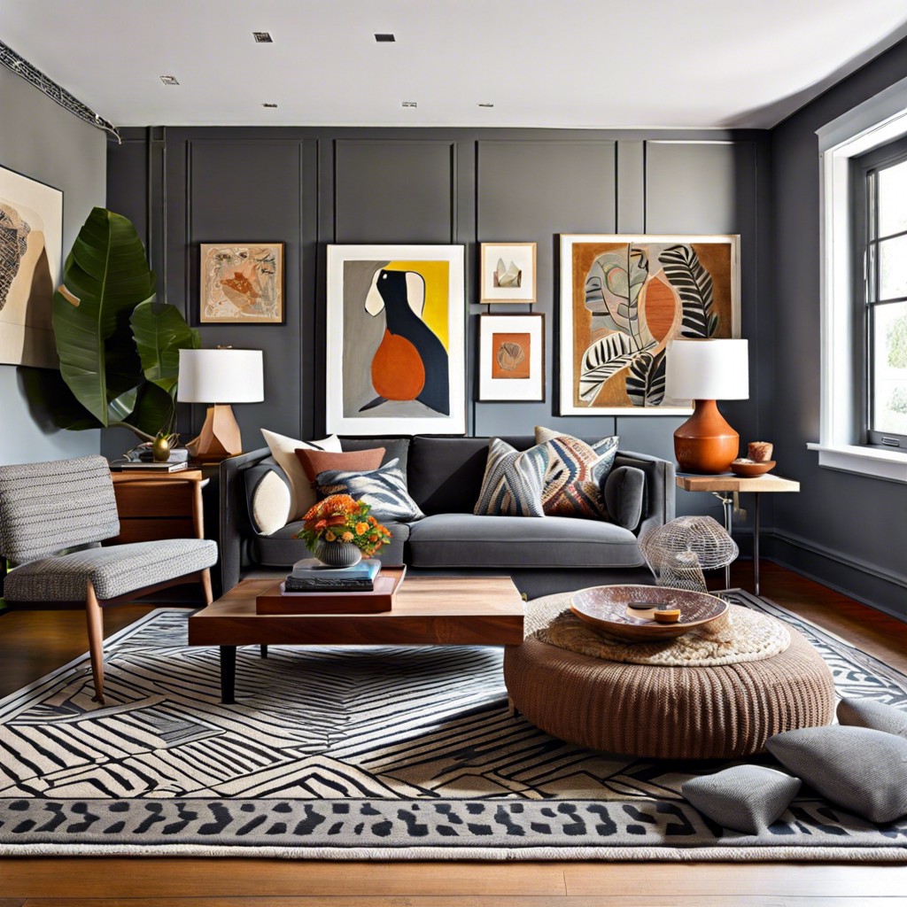 eclectic mix with patterned rugs and eclectic art