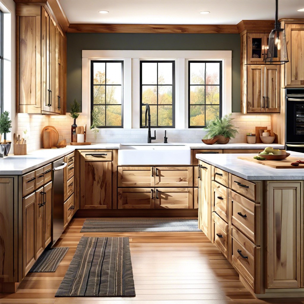 hickory cabinets and a large picture window