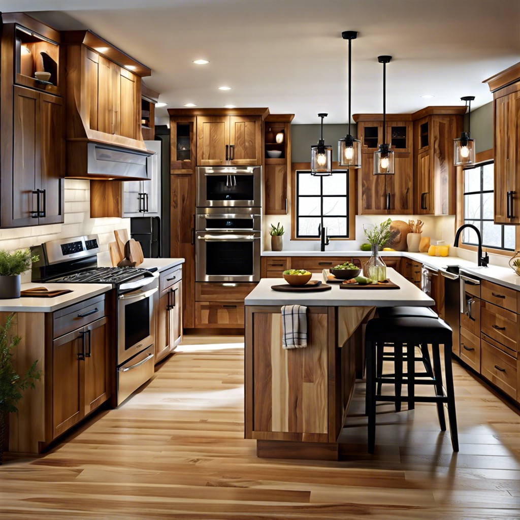 hickory cabinets and pendant lighting over the island