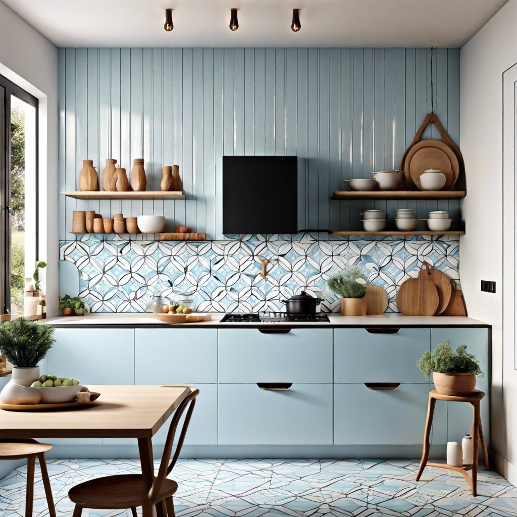 light blue and white geometric wall tiles