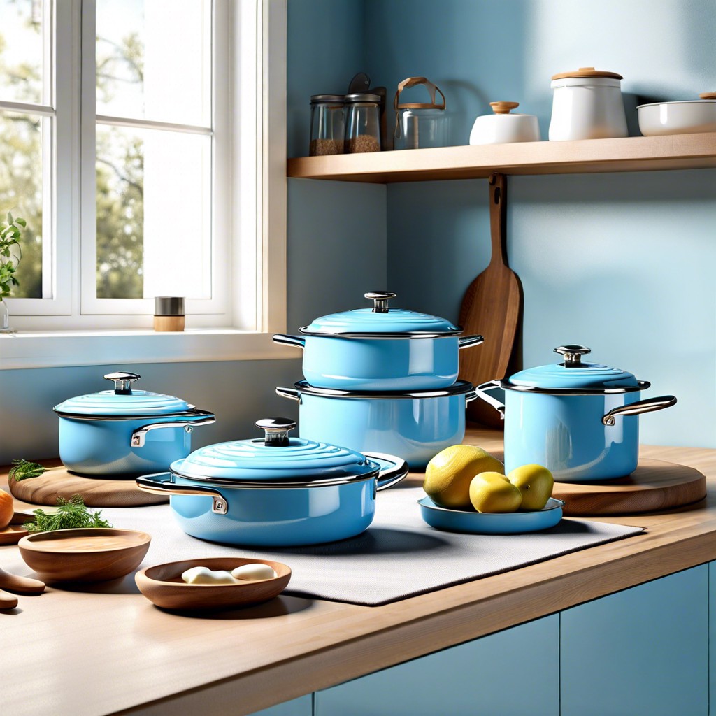 light blue enamel cookware displayed