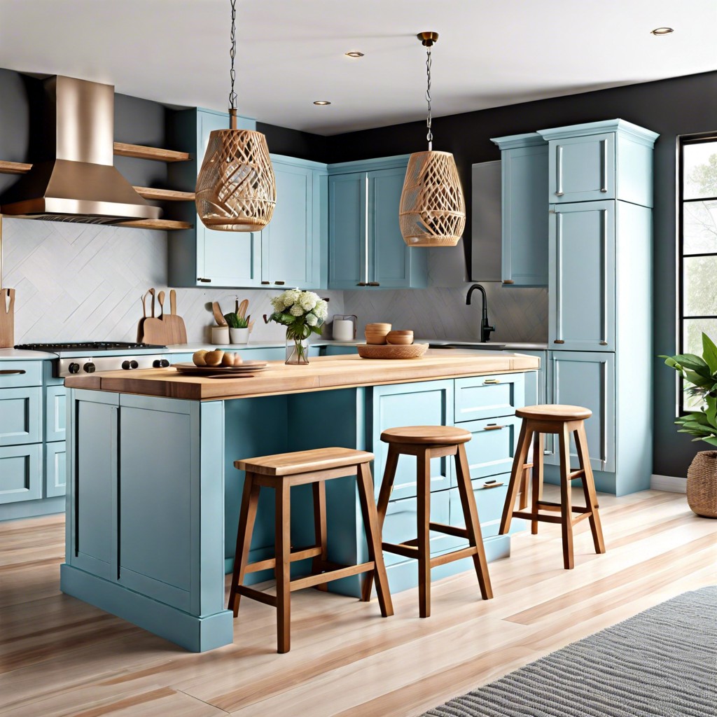light blue island with wooden barstools