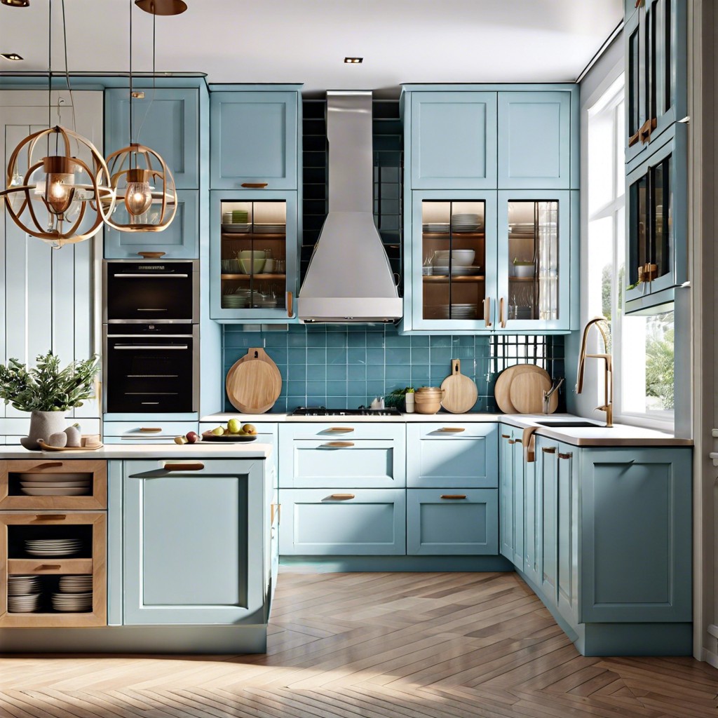light blue lower cabinets with glass front upper cabinets