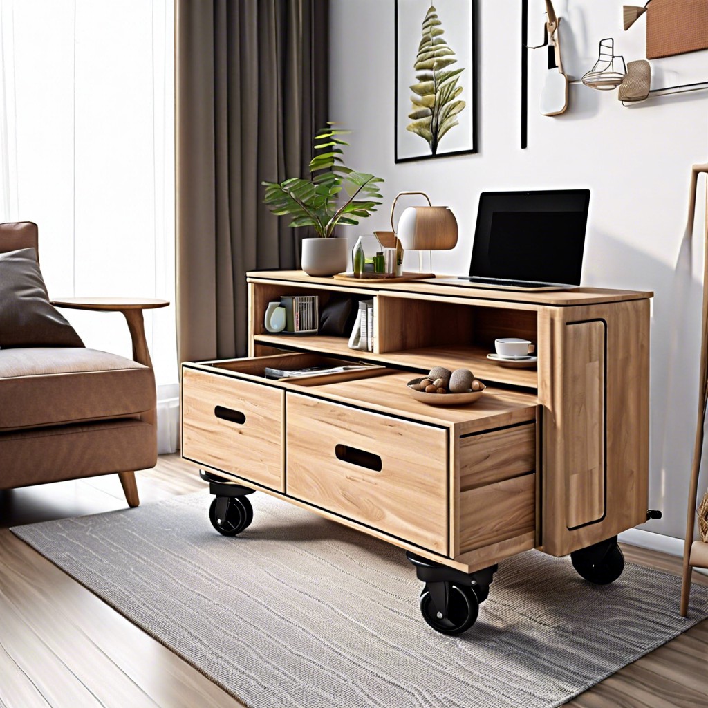 living room with multifunctional furniture on casters