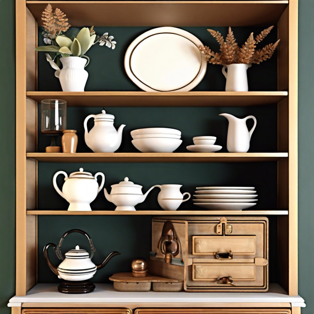 open shelving with vintage finds