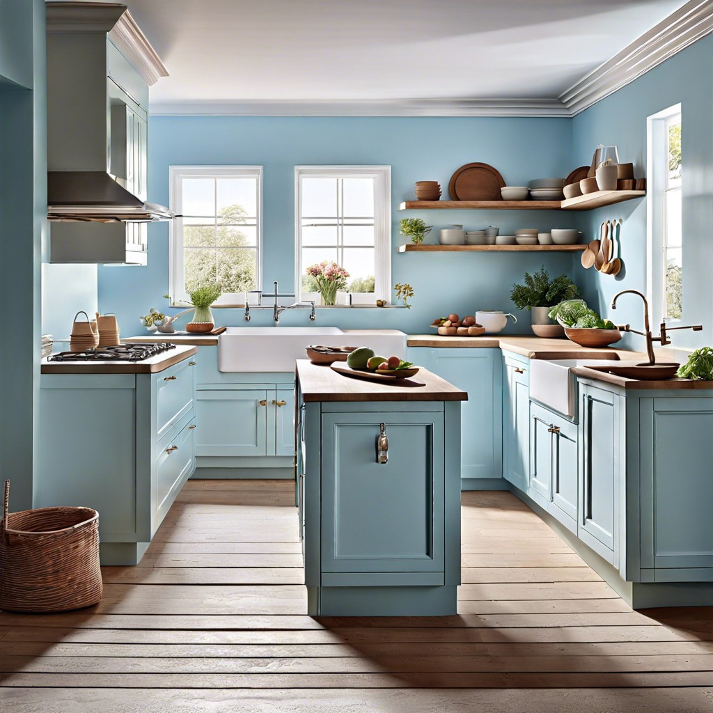 pastel blue walls with white open shelving