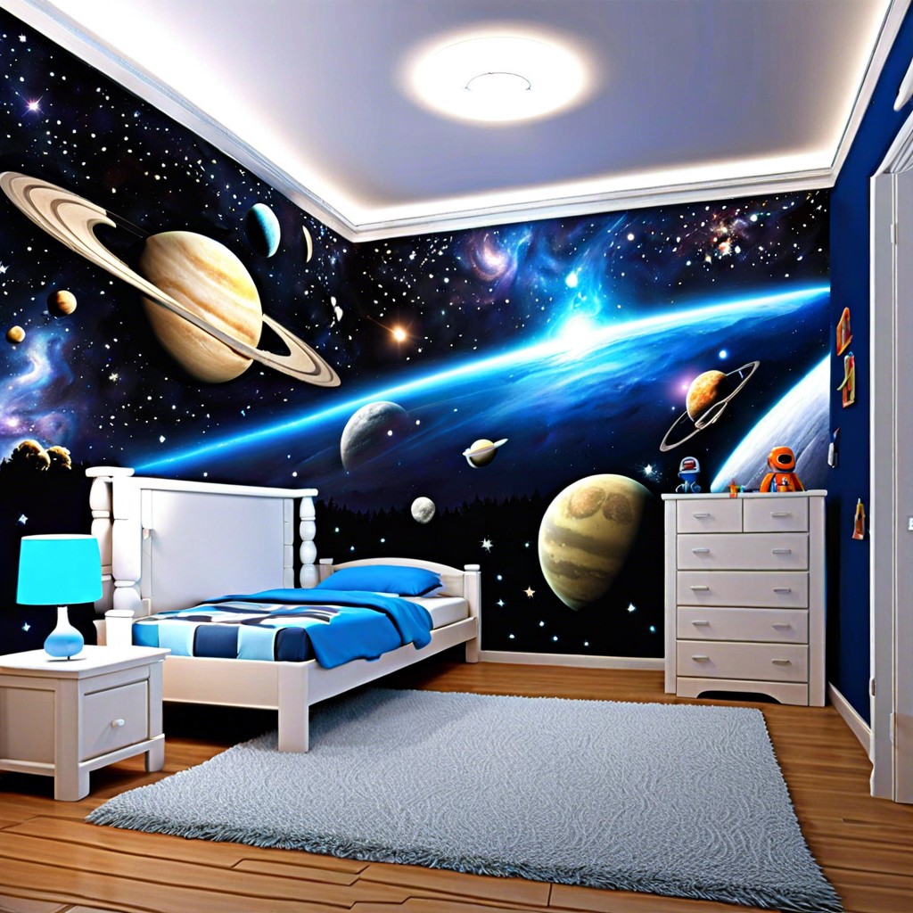 space themed room with galaxy murals