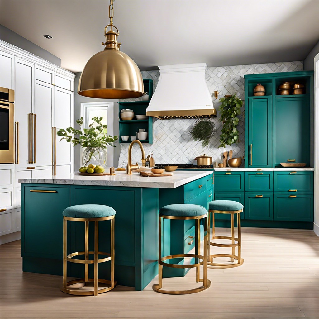 teal and brass fixtures