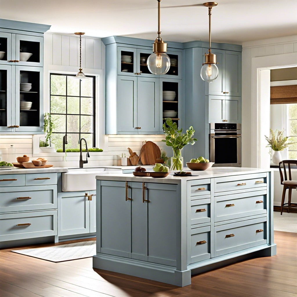 two tone kitchen light blue and white cabinetry