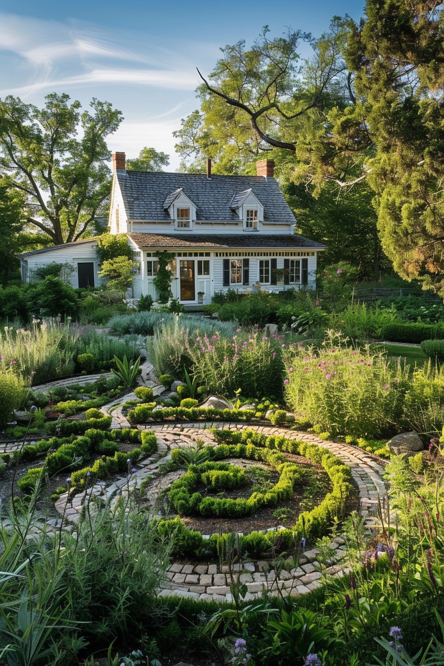 farmhouse garden layout with circle stone path and herbs planted in spiral