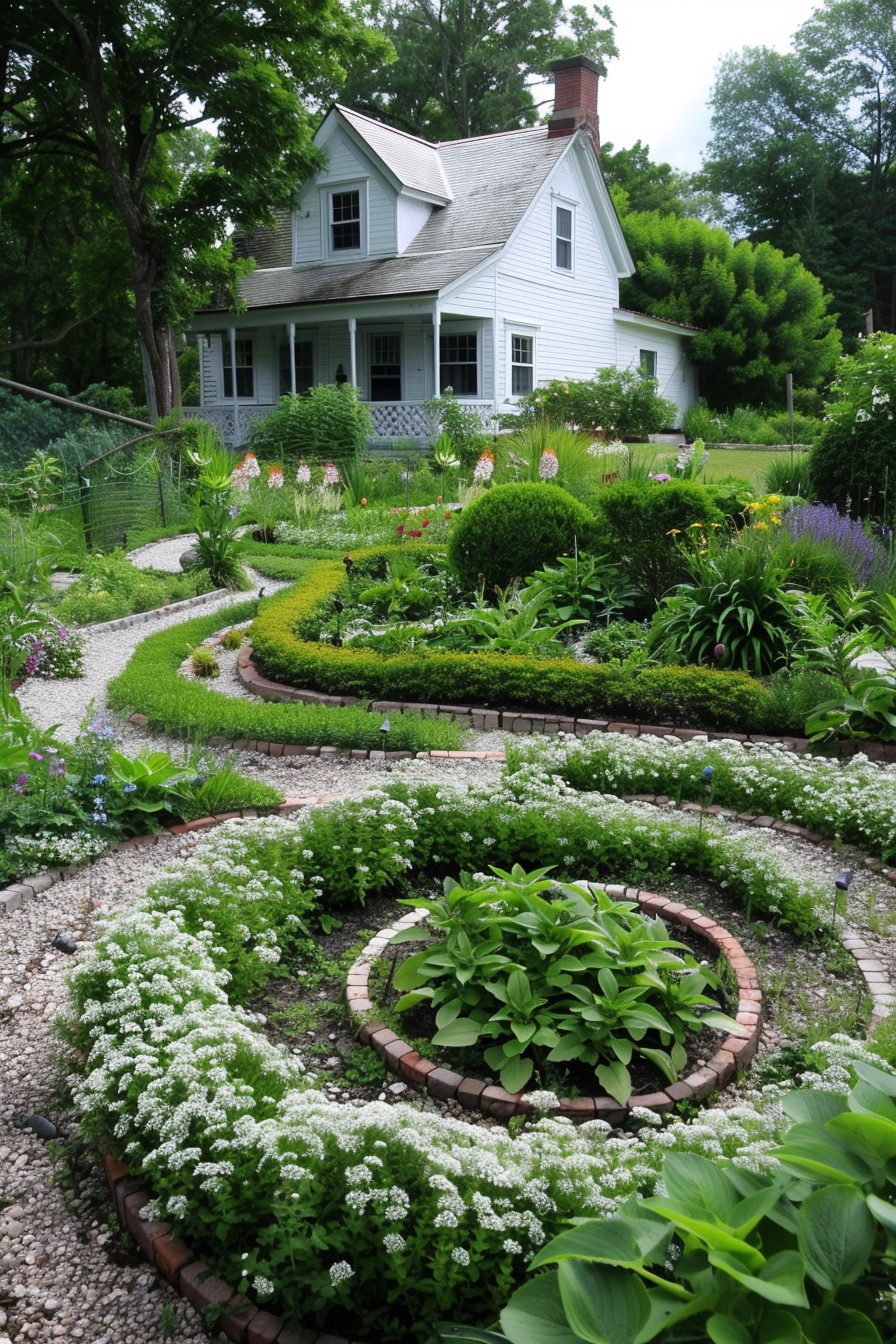 farmhouse garden layout with plants and herbs planted in circles