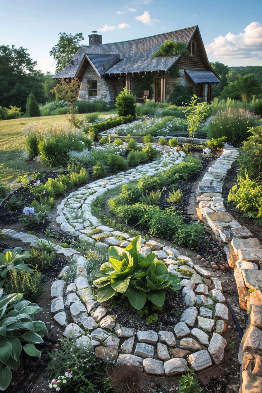 farmhouse garden layout with stone path curve and planted herb plants