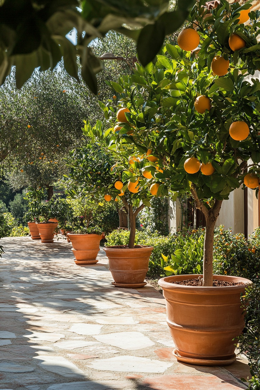 mediterranean house garden with potted citrus trees 1