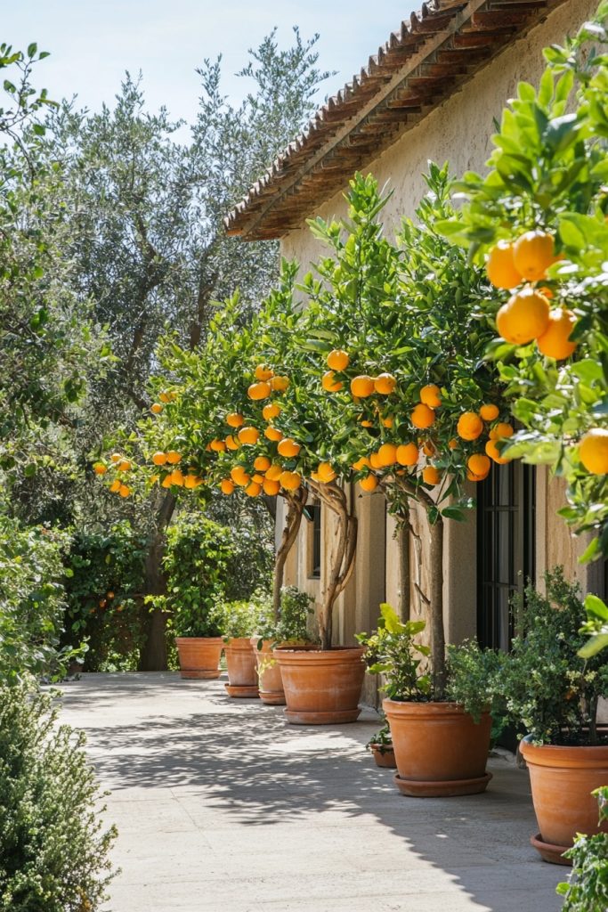 mediterranean house garden with potted citrus trees