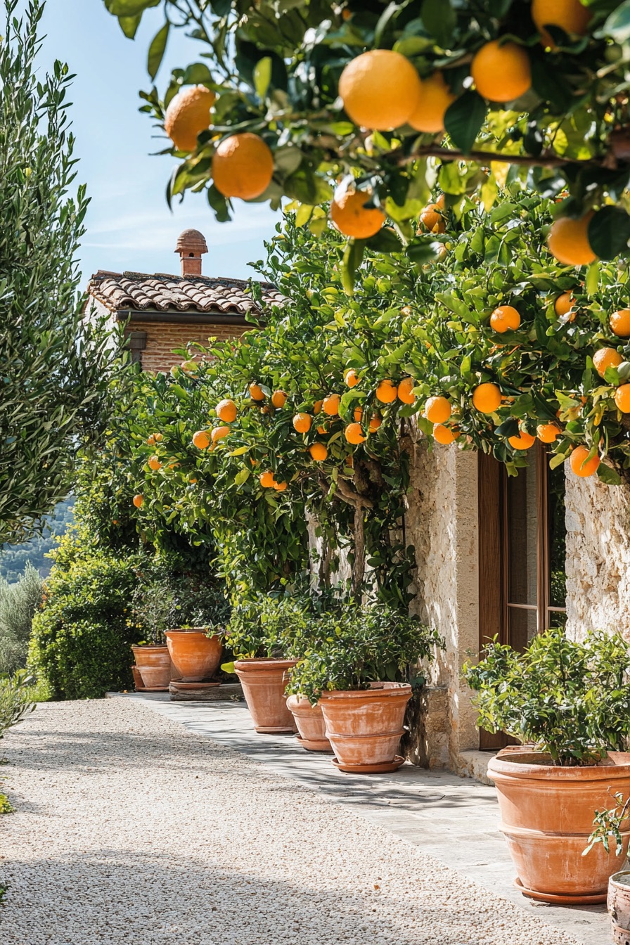 mediterranean house garden with potted citrus trees 3