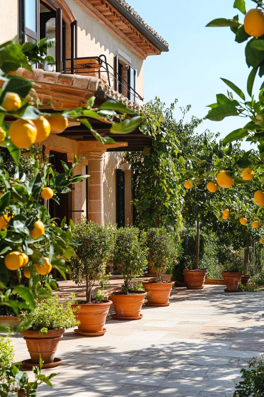 mediterranean house garden with potted citrus trees 4