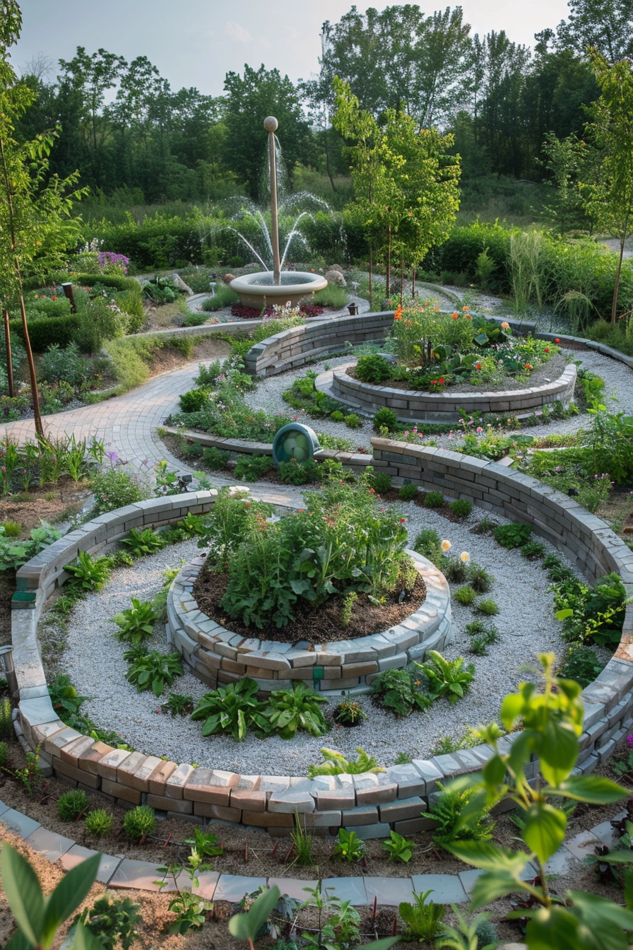 potager garden layout spiral beds and fountain 2