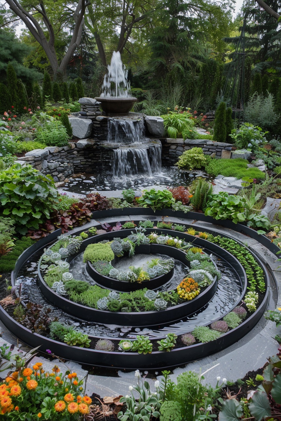 potager garden layout spiral beds and fountain 3