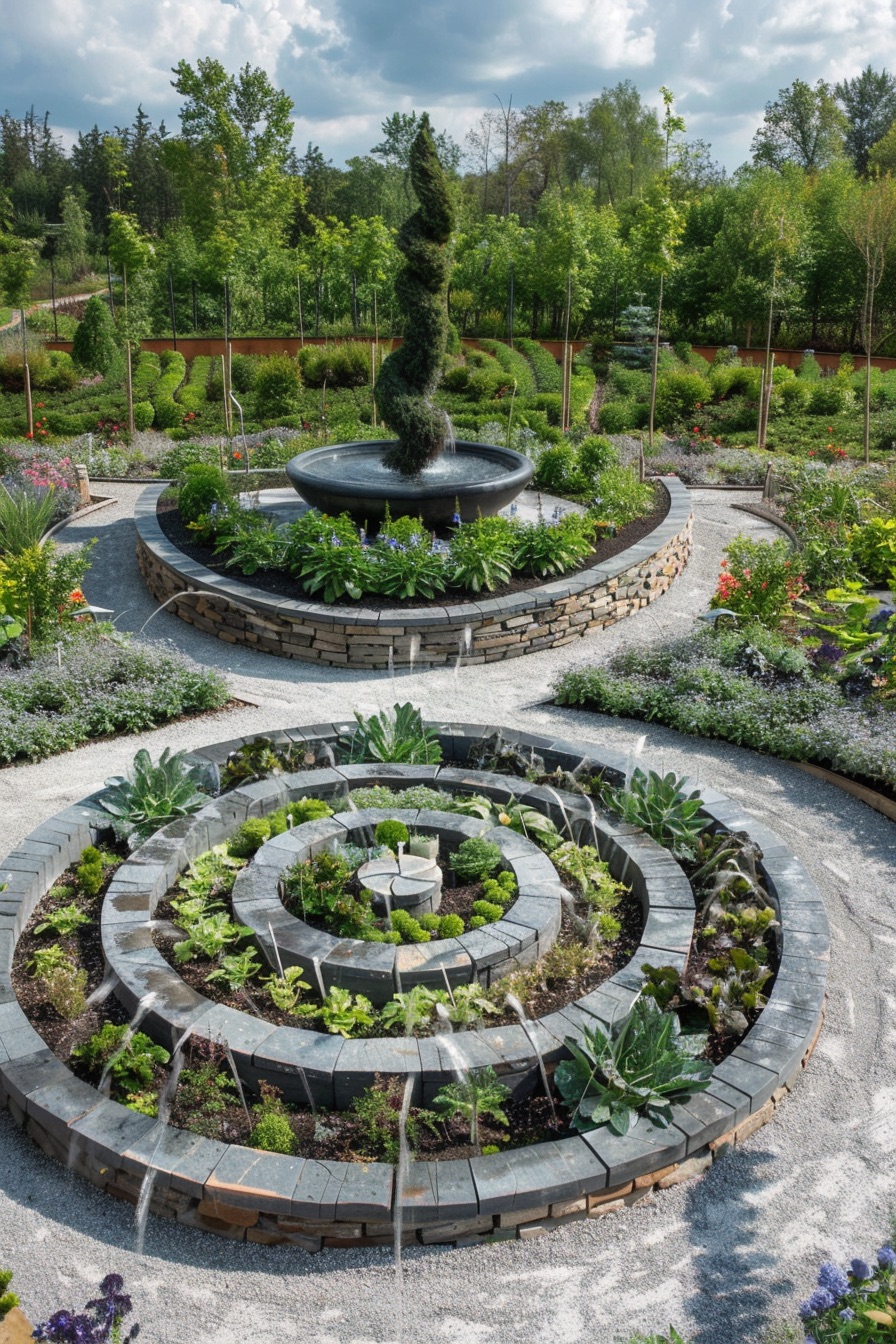 potager garden layout spiral beds and fountain 4