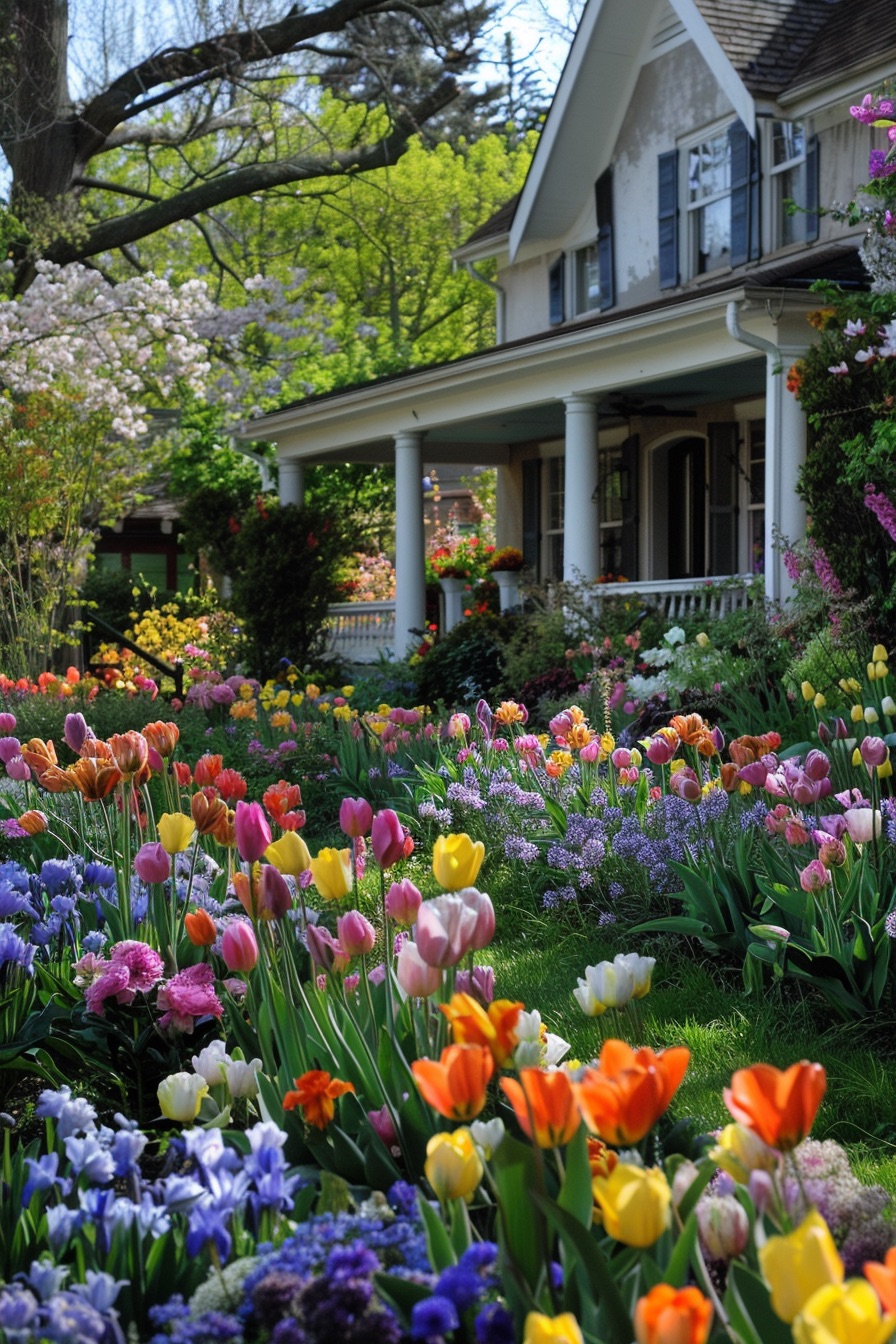farmhouse garden layout with rows of blossoming flowers