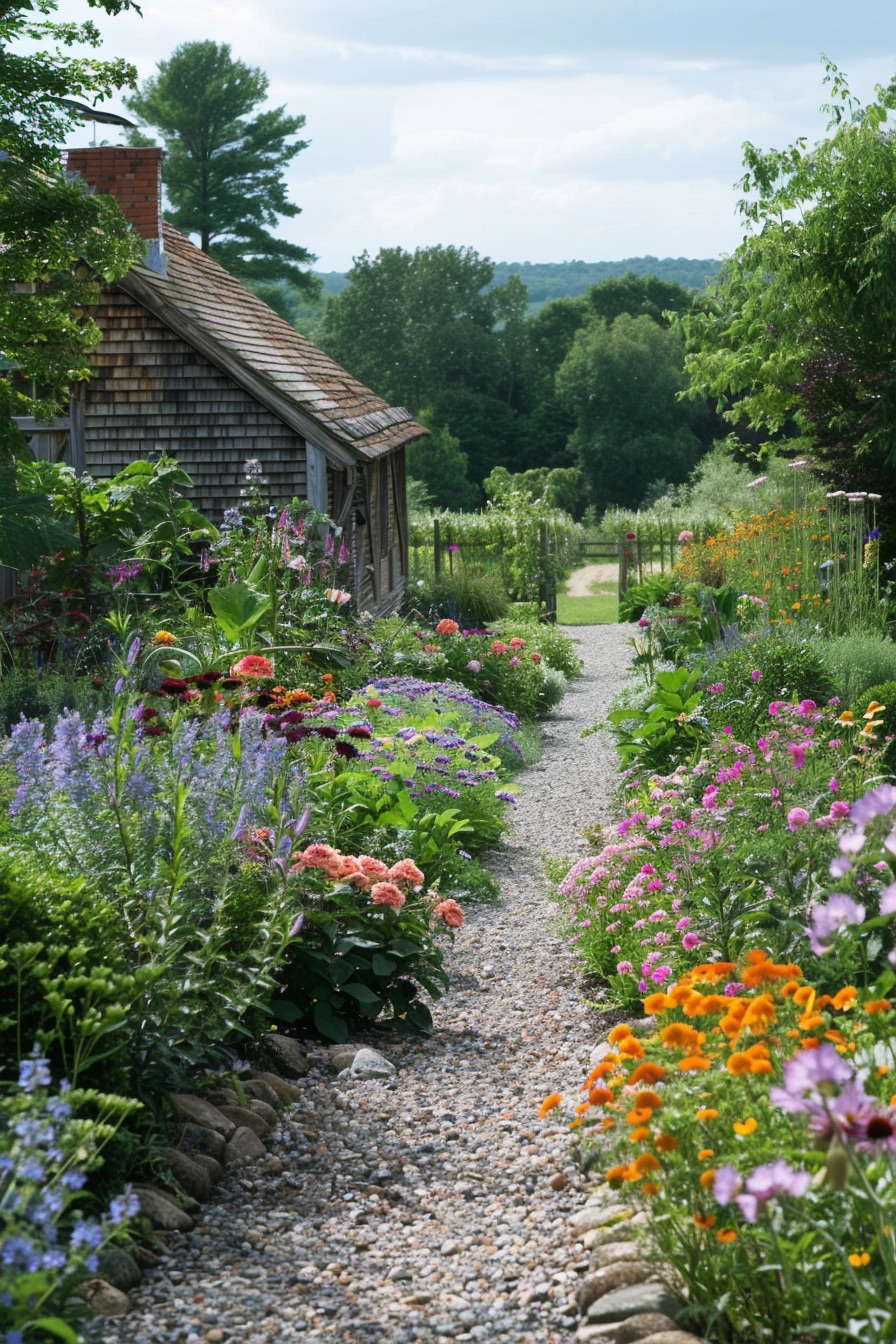 farmhouse garden layout gravel path with flowers
