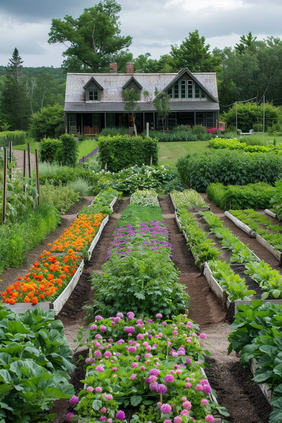 farmhouse garden layout with flower beds and veggie beds