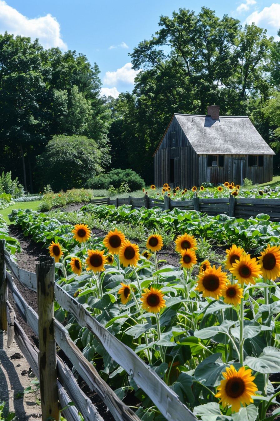 farmhouse garden layout row of sunflowers