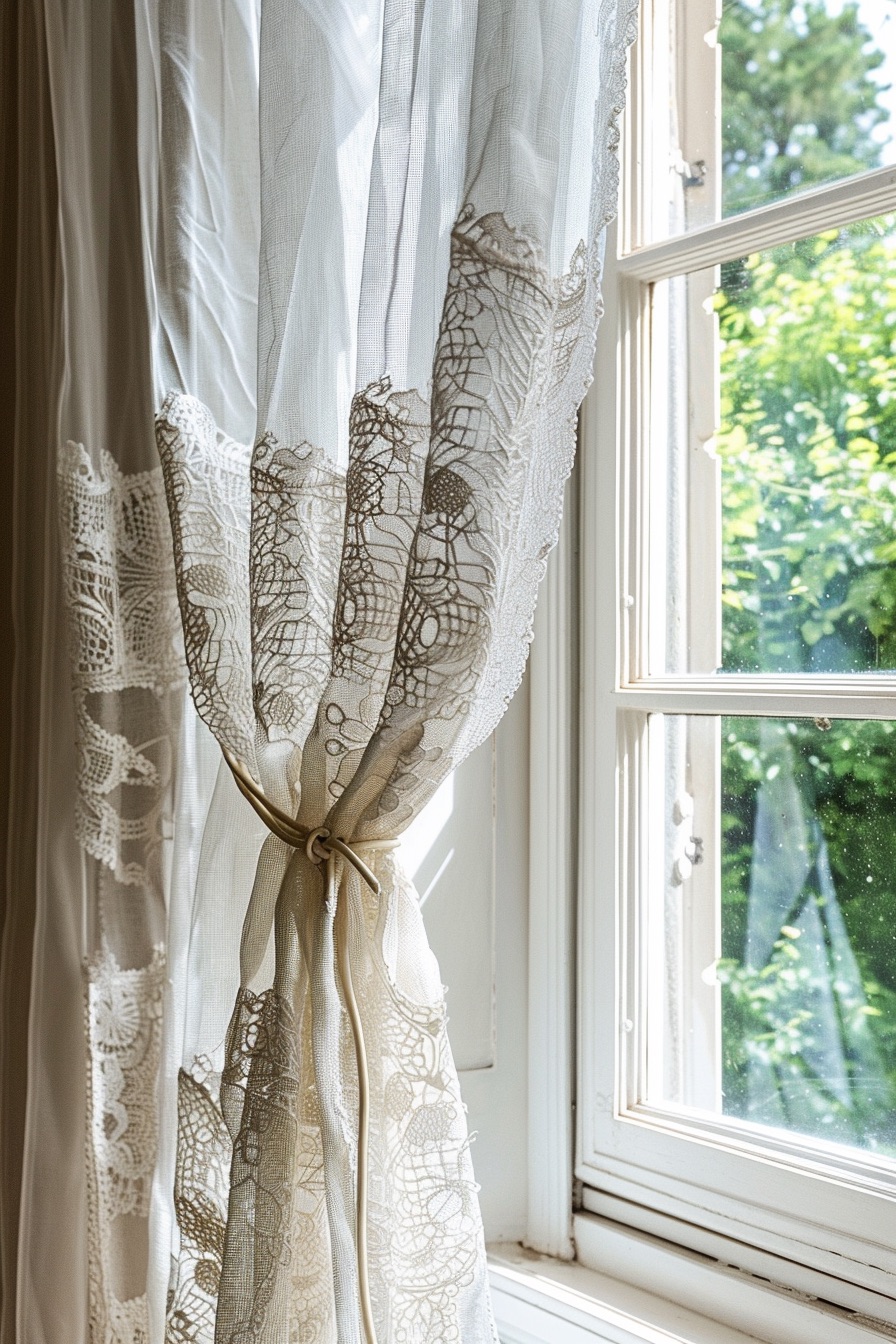 white lace and twine curtains