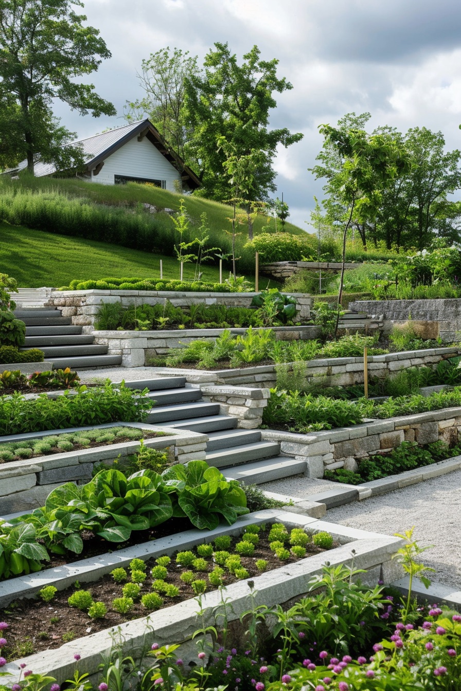 farmhouse garden design hardscape stone terraces
