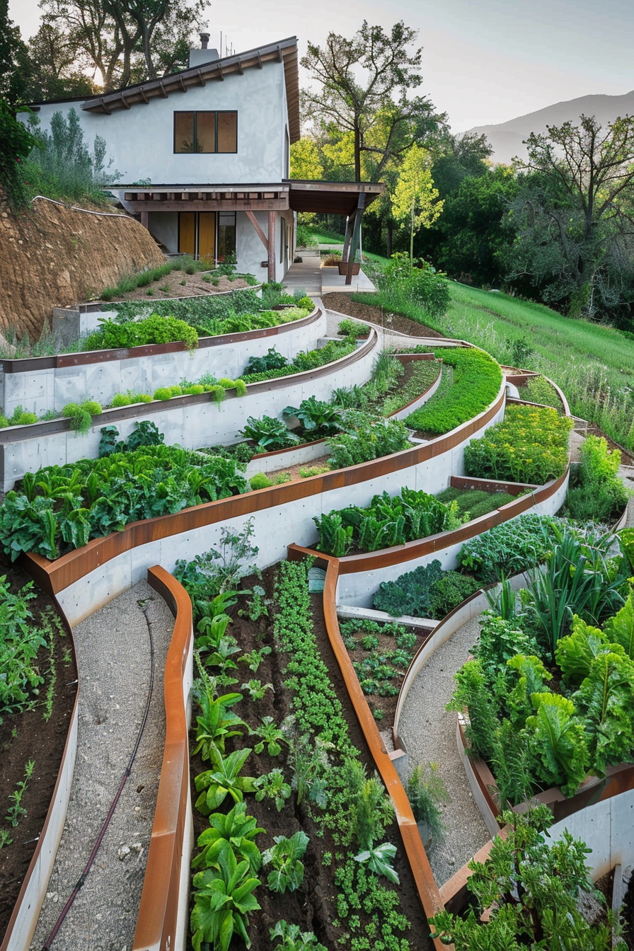 farmhouse garden layout concrete terraces with wooden trim