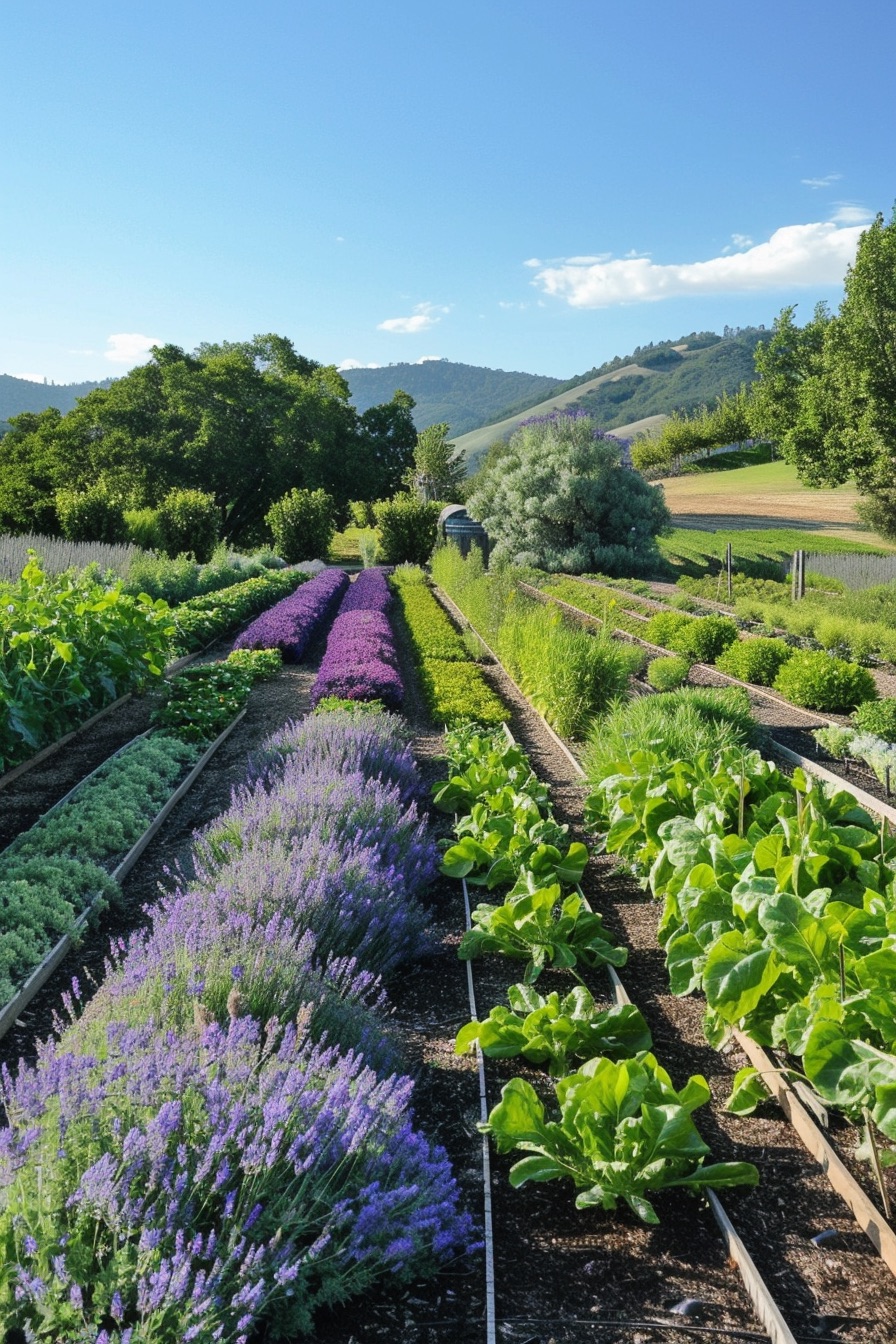 farmhouse garden layout rows of veggies and lavender