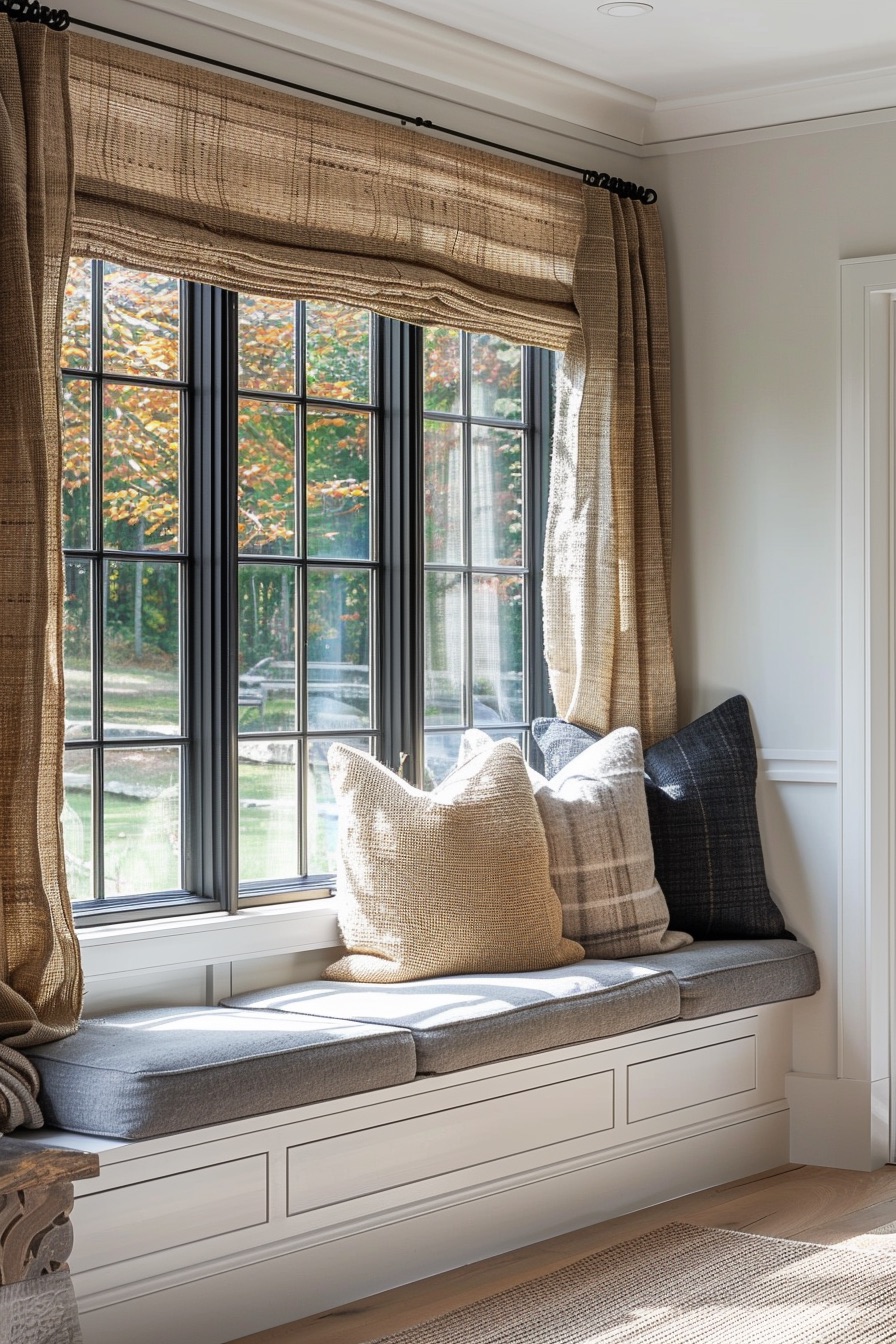 window seat with jute shades and curtains