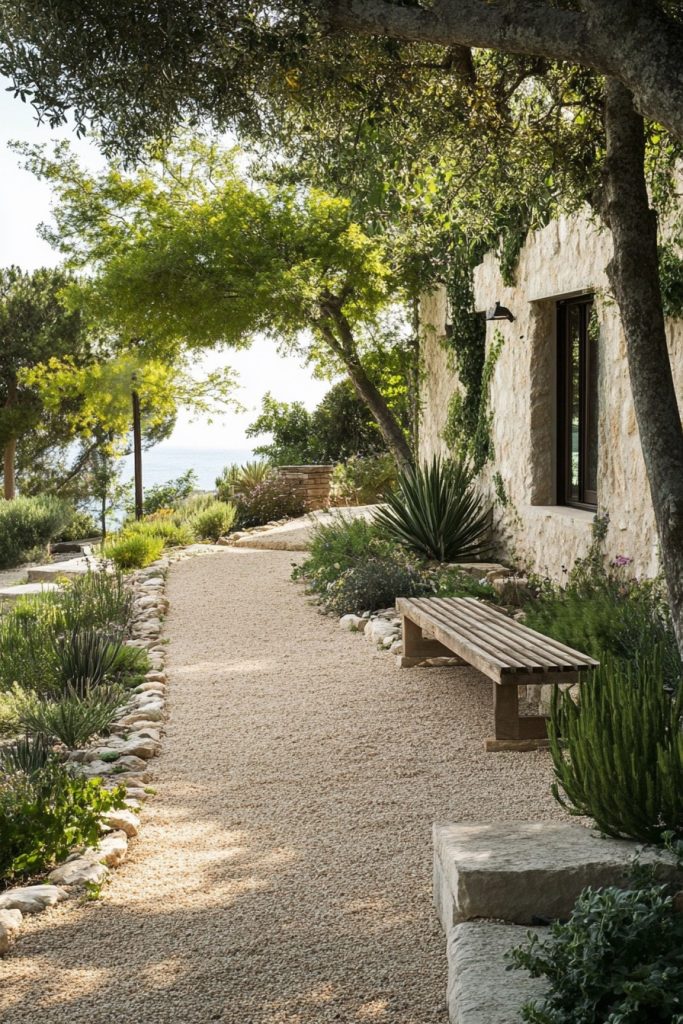 mediterranean house garden gravel path