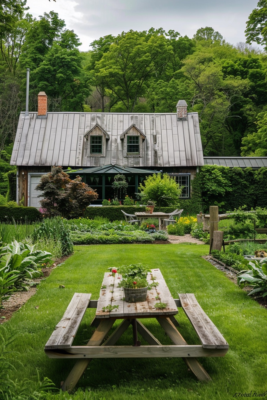 farmhouse garden layout with decorative old picnic bench