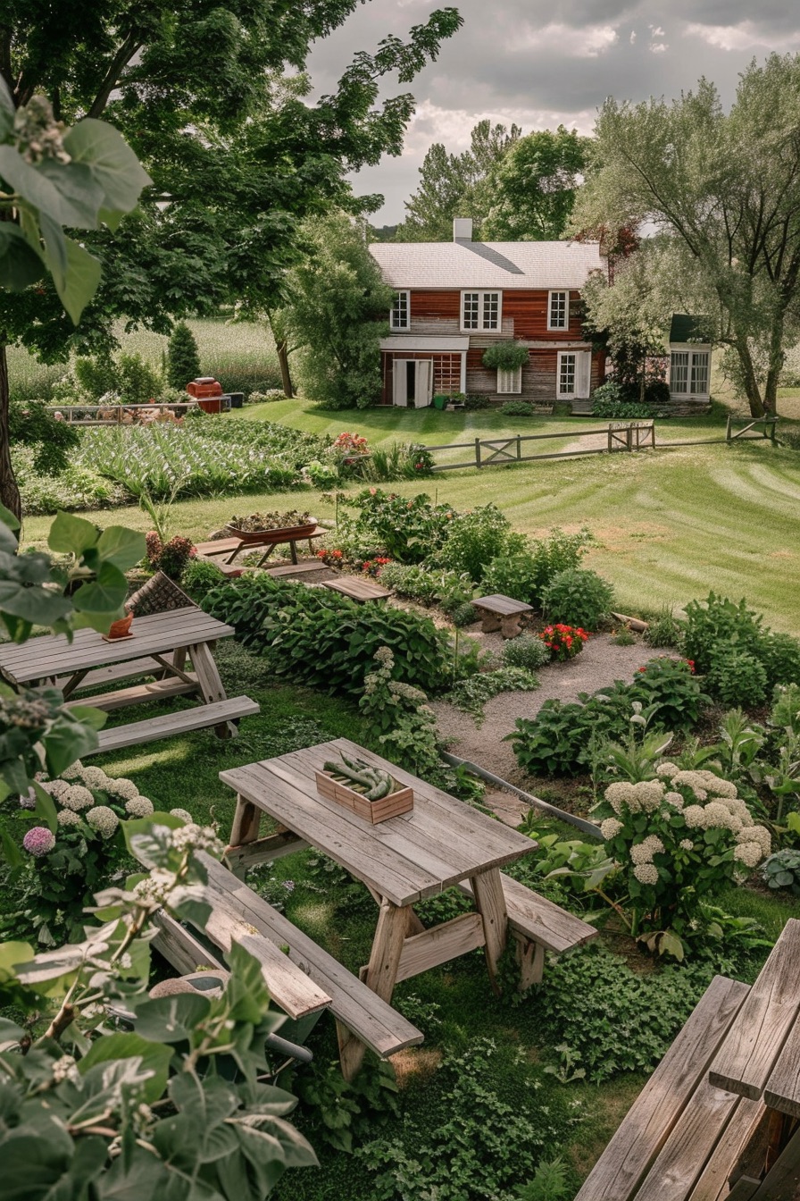 farmhouse garden layout with picnic tables