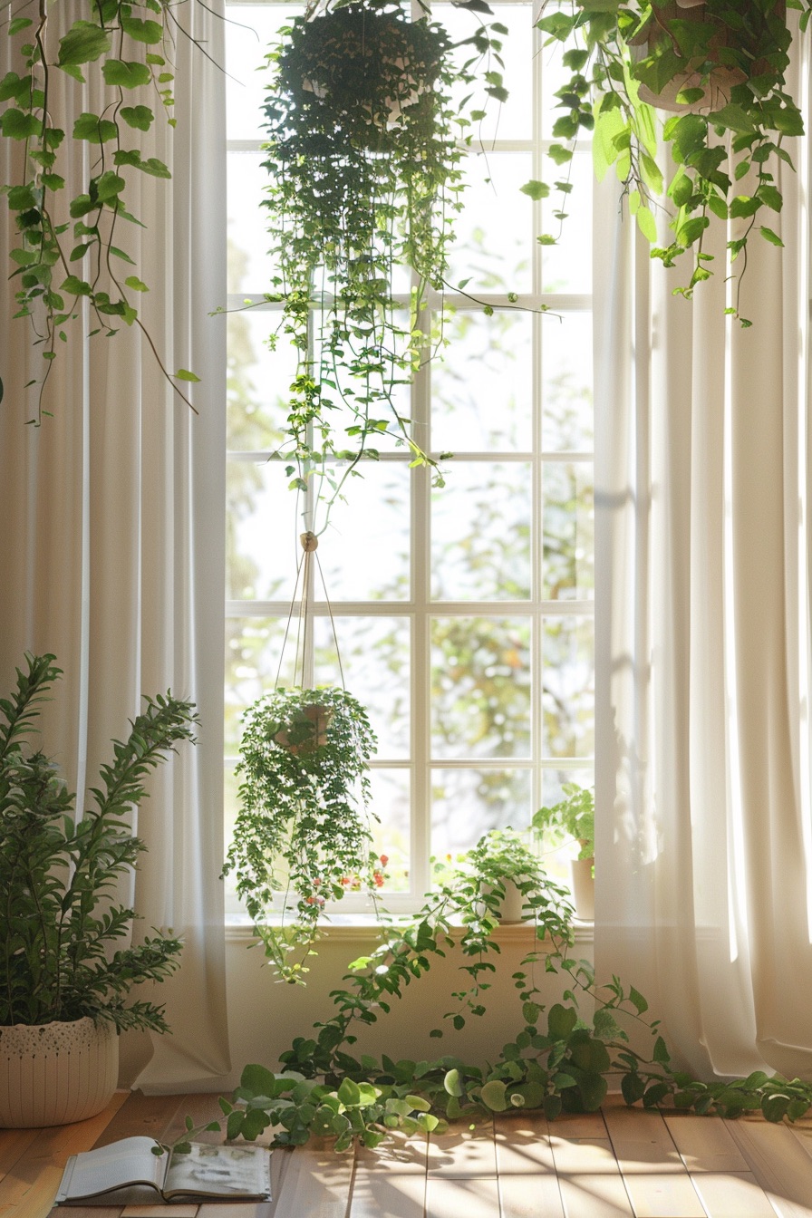 hanging plants on curtains